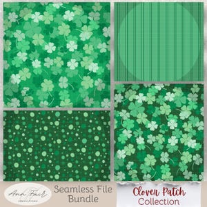 Może przedstawiać: Bezszwowy pakiet plików z czterema zielonymi wzorami. Wzory obejmują wzory koniczyny, pionowe paski i kropki. Widoczny jest tekst "Seamless File Bundle" i "Clover Patch Collection".