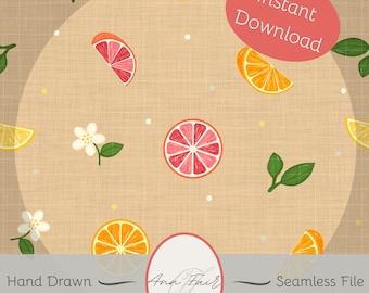 Citrus Mini Seamless Hand Drawn Digital Pattern | 300 DPI PNG | Instant Download