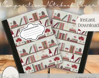 Copertina per quaderno con libreria natalizia in stile cottagecore / PNG stampabile (download digitale)