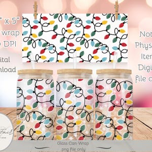 May include: Three glass can wraps with a Christmas lights design. The design features red, green, yellow, and blue lights on a white background. The image also includes a digital download graphic with the dimensions 9.75" x 5".