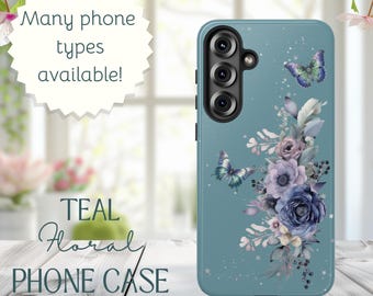 Telefoonhoesje - blauwgroen bloemenvlinderontwerp