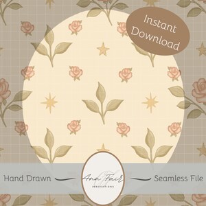 May include: A digital seamless pattern design featuring a repeating pattern of blush-colored roses, olive-green leaves, and gold stars on a beige background. The design includes the text "Instant Download", "Hand Drawn", and "Seamless File".