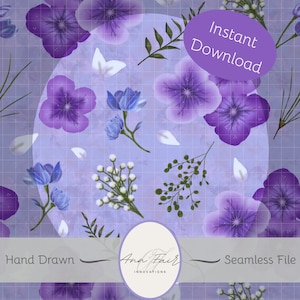 May include: A digital seamless pattern featuring hand-drawn purple and blue flowers, white petals, and green sprigs on a light purple grid background. The text "Instant Download" is in a purple oval. The text "Hand Drawn" and "Seamless File" are also included.