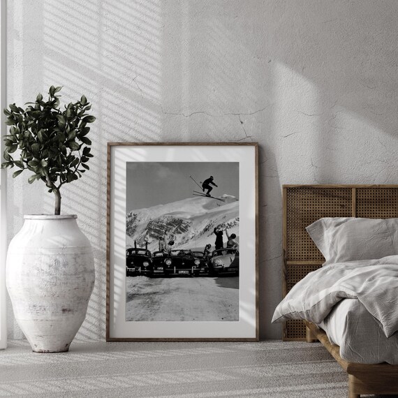 Vintage Skiing Porsche Poster, Retro Adventure Wall Art, Black and White Art Print, Porsche Cars Winter Sports Poster