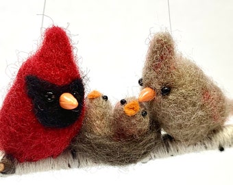 Cardinal Family Ornament, Cardinal Couple with Chicks in Nest