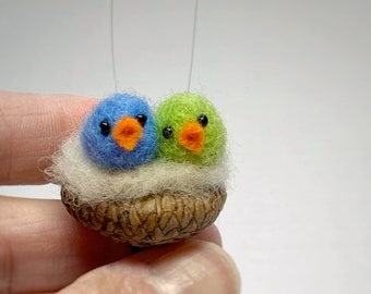 Needle Felted Bird Ornament, Valentine Love Bird Ornament, Felted Birds in Acorn Cap