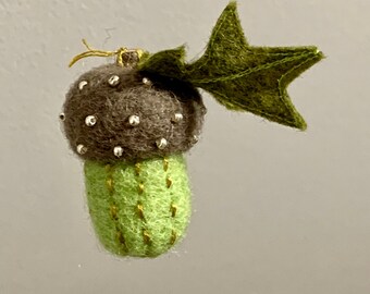 Acorn Ornament, Needle Felted Acorn, Oak Acorn Decor, Embroidered Acorn