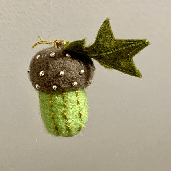 Acorn Ornament, Needle Felted Acorn, Oak Acorn Decor, Embroidered Acorn