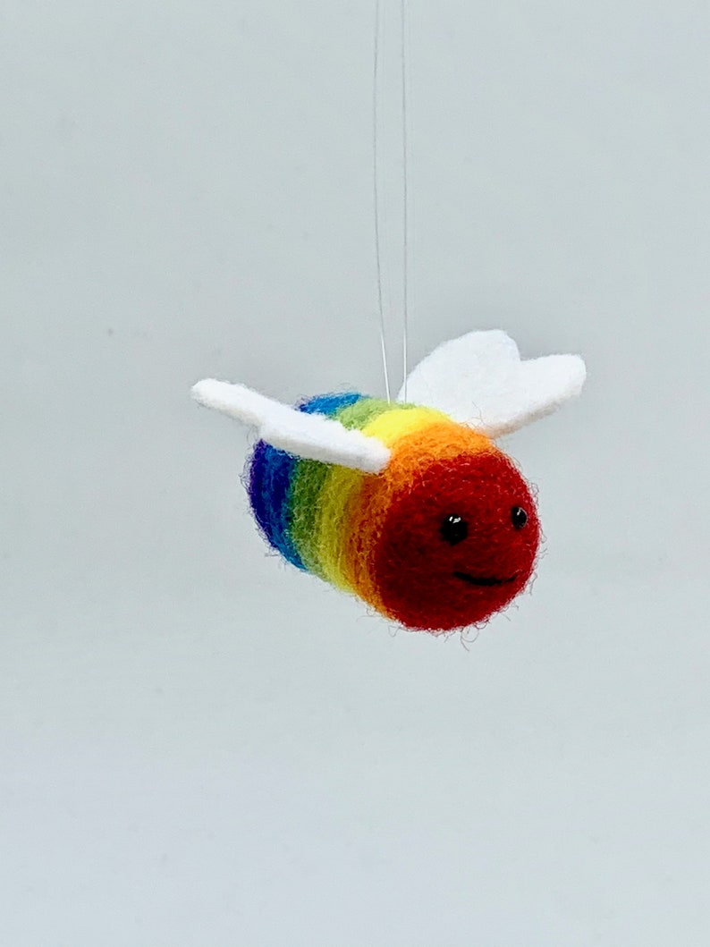 Needle-Felted Rainbow Bee Ornament, Bumble Bee Ornament image 1