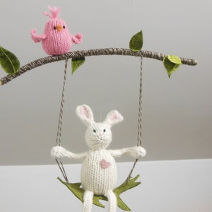 Baby Mobile, Nursery Mobile, Bunny Bird Mobile, Rabbit Mobile, Woodland Modern Nursery, White and Pink, Bunny Crib Mobile, Fiber Sculpture