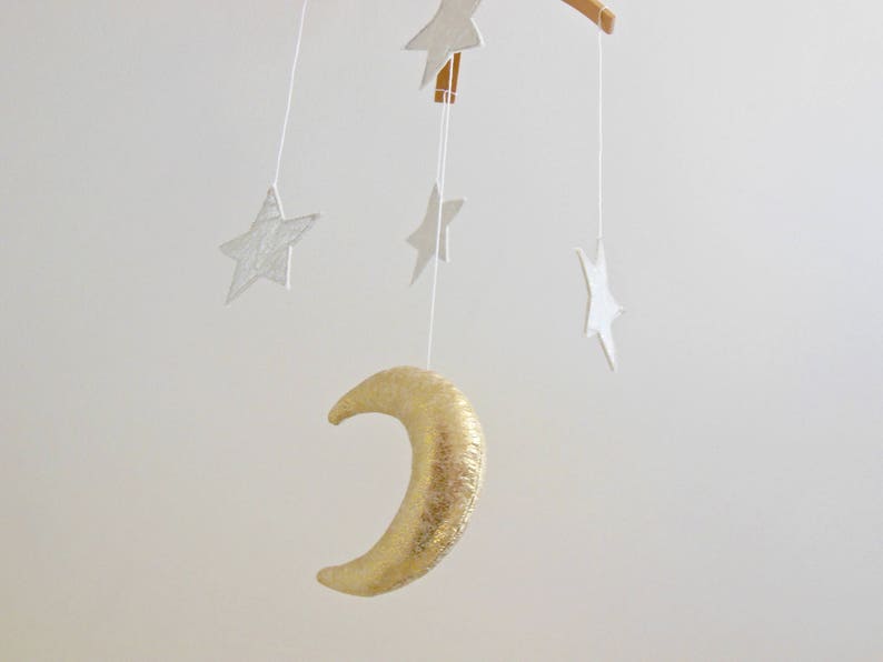 Golden Moon and Silver Star Baby Mobile, Gender Neutral Natural Fiber Astrological Nursery Decor image 5