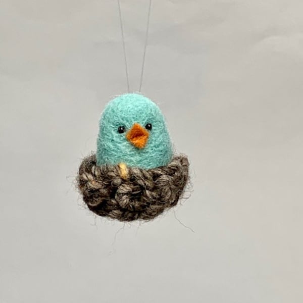 Bird in Nest Christmas Ornament, Needle Felted Bird Ornament,