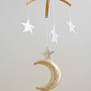 Golden Moon and Silver Star Baby Mobile, Gender Neutral Natural Fiber Astrological Nursery Decor image 3