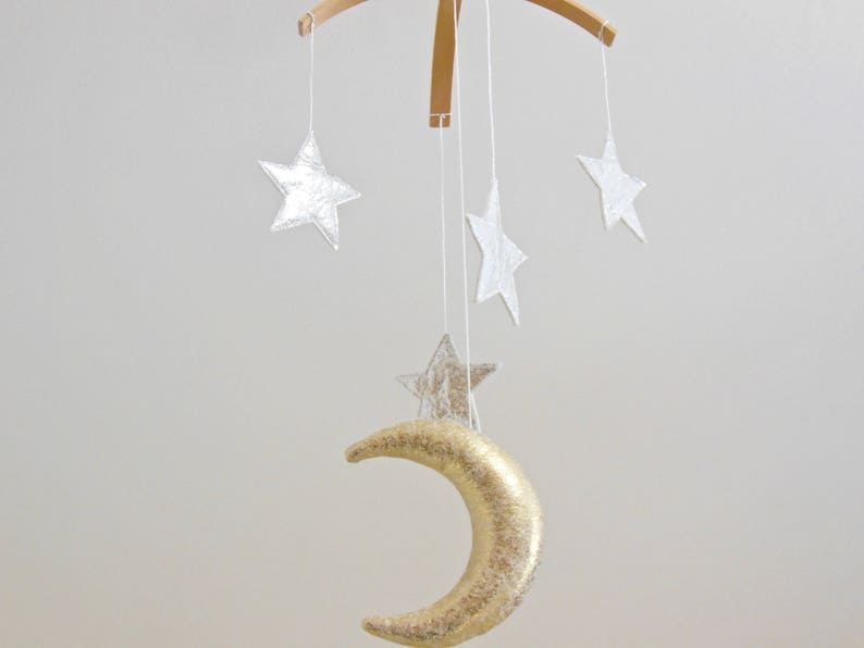 Golden Moon and Silver Star Baby Mobile, Gender Neutral Natural Fiber Astrological Nursery Decor image 3