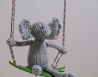 Knit Gray Elephant on a Swing Jungle Baby Mobile, Gender Neutral Natural Fiber Safari Nursery Decor,