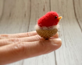 Needle Felted Bird Christmas Ornament, Miniature Red Bird in Acorn Cap