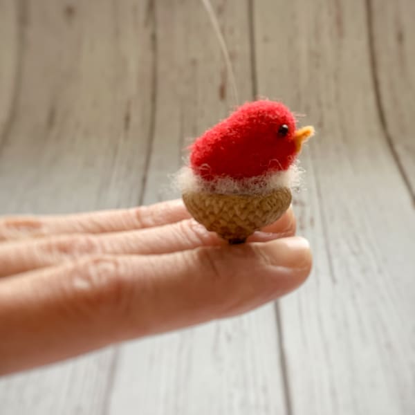 Needle Felted Bird Christmas Ornament, Miniature Red Bird in Acorn Cap