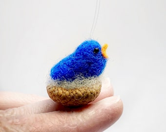 Needle Felted Bird Christmas Ornament, Tiny Bluebird in Acorn