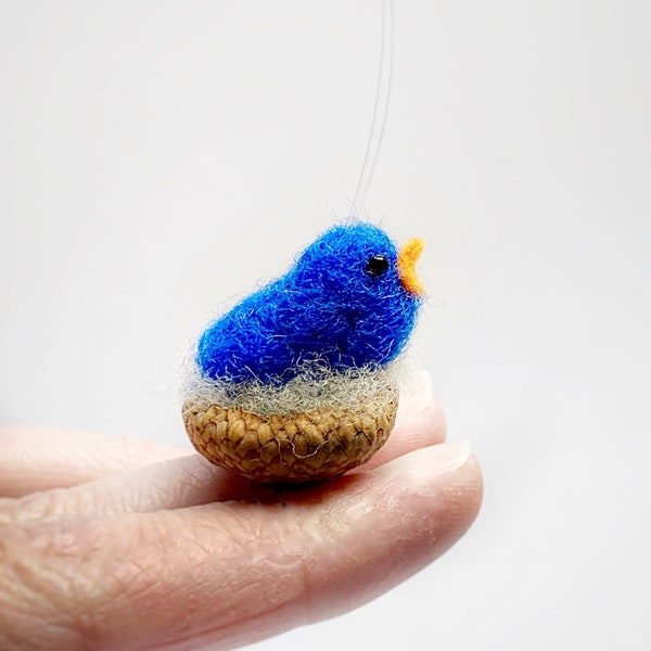 Needle Felted Bird Christmas Ornament, Tiny Bluebird in Acorn