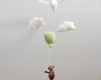 Bear Baby Mobile, Brown Knit Bear with Balloon Nursery Mobile, Gender Neutral Natural Fiber Woodland Nursery Decor