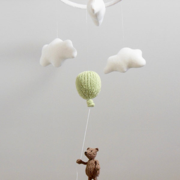 Bear Baby Mobile, Brown Knit Bear with Balloon Nursery Mobile, Gender Neutral Natural Fiber Woodland Nursery Decor