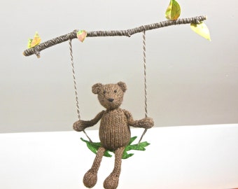 Bear Baby Mobile Woodland Nursery Decor, Knit Alpaca Brown Bear on Swing Gender Neutral Nursery