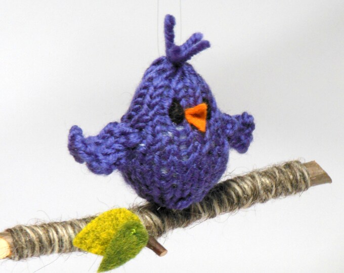 Knit Bird Christmas Holiday Ornament, Purple Bird on a Branch Holiday Decor