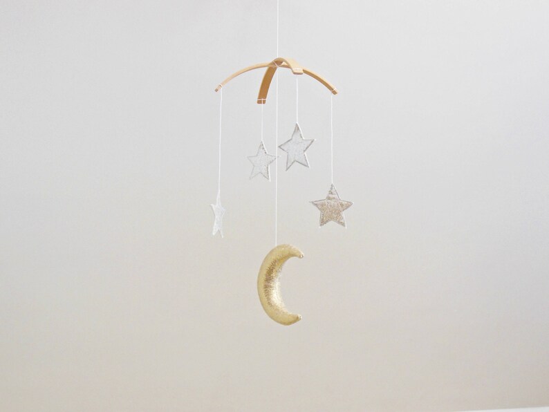 Golden Moon and Silver Star Baby Mobile, Gender Neutral Natural Fiber Astrological Nursery Decor image 7