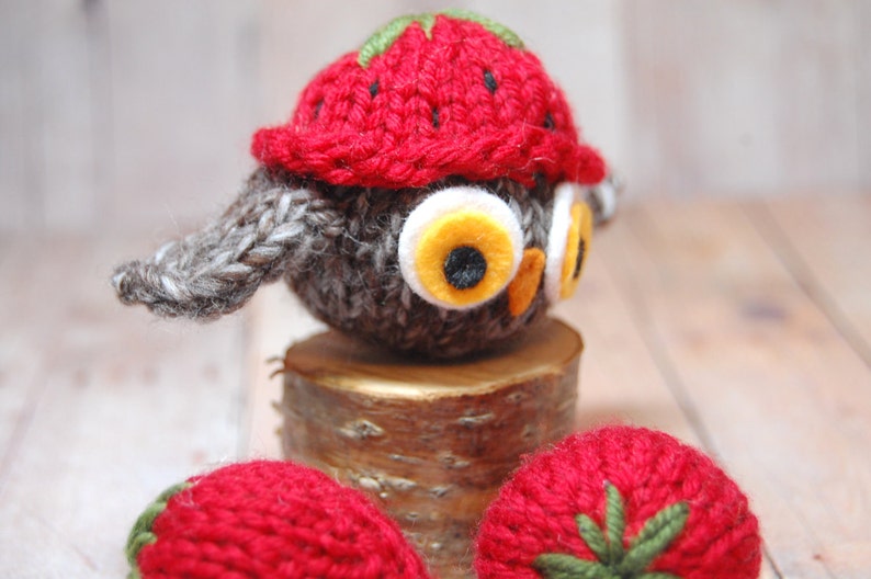 Owl Christmas Ornament Owl Ornament Owl in Hat Ornament Stuffed Owl Knit Owl Ornament Holiday Owl Toy Stuffed Owl Strawberry Hat Owl