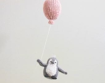 Penguin Baby Mobile, Knit Gray Penguin Holding Balloon Nursery Art