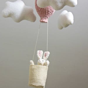 White Bunny in Hot Air Balloon Baby Mobile, Natural Fiber Nursery Decor for Girl