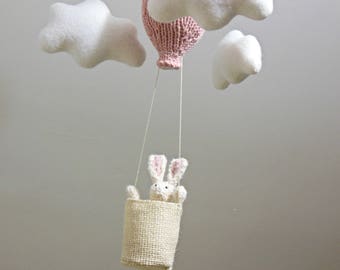 White Bunny in Hot Air Balloon Baby Mobile, Natural Fiber Nursery Decor for Girl