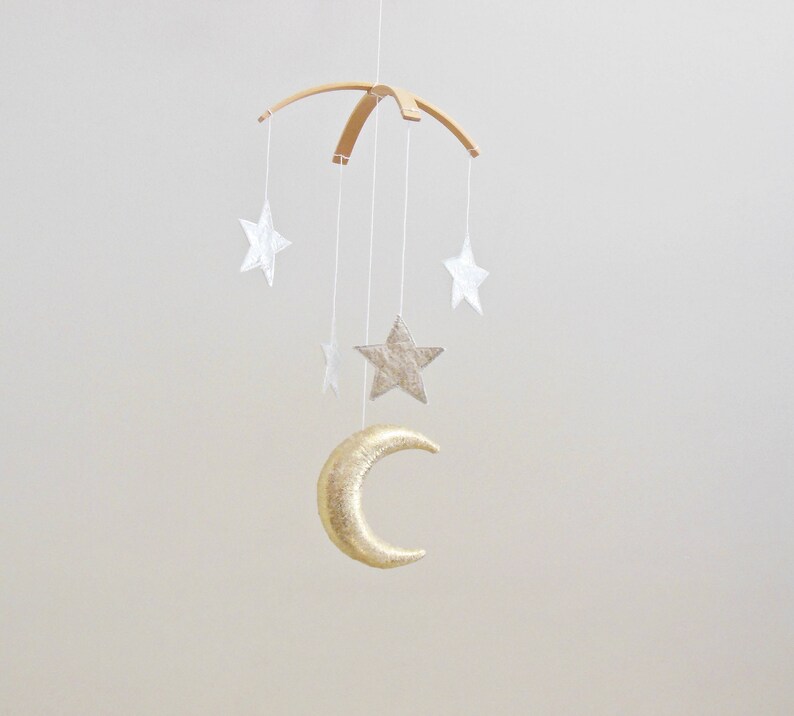 Golden Moon and Silver Star Baby Mobile, Gender Neutral Natural Fiber Astrological Nursery Decor image 2