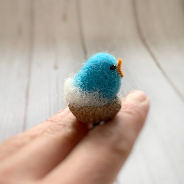 Needle Felted Bird Christmas Ornament, Miniature Turquoise Bird in Acorn Cap