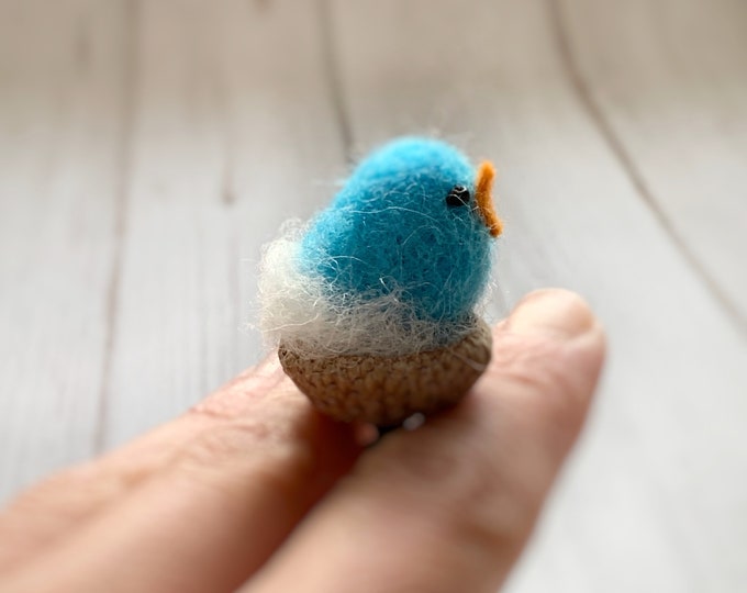 Needle Felted Bird Christmas Ornament, Miniature Turquoise Bird in Acorn Cap