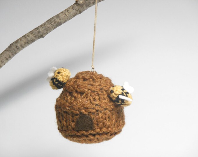 Bee Hive Ornament, Bee Ornament, Miniature Bee, Knit Bee Hive, Pin cushion, Micro Bee, Fiber Sculpture, Miniature Bug Collection