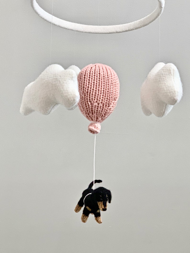 Wiener Dog Baby Nursery Mobile, Dachshund Baby Mobile, Cloud Balloon Mobile, Dog Nursery Mobile, Balloon Crib Mobile, Cloud Mobile image 1