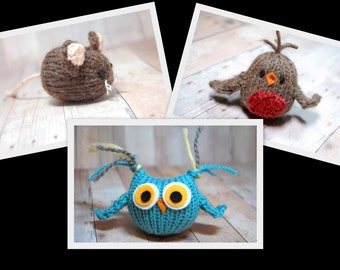 Mouse, Robin, Tufty Owl Knitting Pattern and Picture Tutorial Collection, Three Woodland Toy Ornament Waldorf DIY, Instant Download