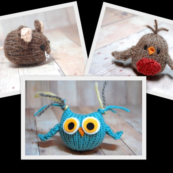 Mouse, Robin, Tufty Owl Knitting Pattern and Picture Tutorial Collection, Three Woodland Toy Ornament Waldorf DIY, Instant Download