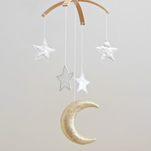 Golden Moon and Silver Star Baby Mobile, Gender Neutral Natural Fiber Astrological Nursery Decor image 1