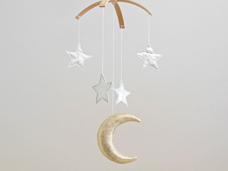 Golden Moon and Silver Star Baby Mobile, Gender Neutral Natural Fiber Astrological Nursery Decor image 1