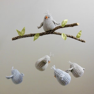 Blue and Gray Knit Bird Baby Mobile, Gender Neutral Woodland Animal Nursery Decor