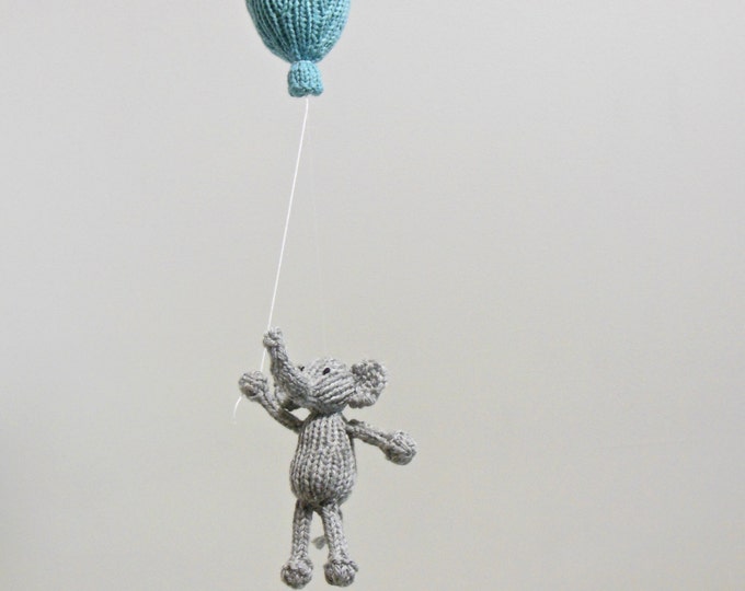 Elephant Baby Mobile, Knit Gray Elephant and Balloon Nursery Mobile, Gender Neutral Nursery Decor