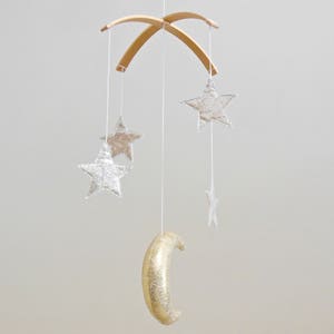 Golden Moon and Silver Star Baby Mobile, Gender Neutral Natural Fiber Astrological Nursery Decor image 4