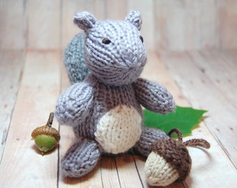 Gray Squirrel with Acorn Knitting Pattern and Picture Tutorial - Squirrel Acorn Toy PDF - Waldorf Knit Squirrel Acorn Pattern DIY