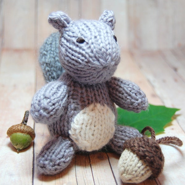 Gray Squirrel with Acorn Knitting Pattern and Picture Tutorial - Squirrel Acorn Toy PDF - Waldorf Knit Squirrel Acorn Pattern DIY