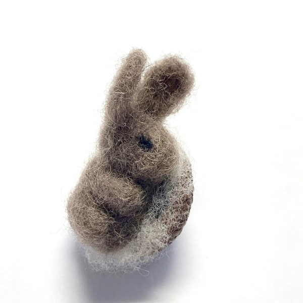 Needle Felted Bunny Ornament, Miniature Brown Bunny in Acorn Cap