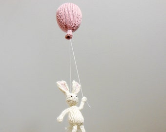 Bunny Baby Mobile, White Rabbit with Balloon Nursery Mobile, Gender Neutral Natural Fiber Baby Room Decor