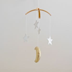 Golden Moon and Silver Star Baby Mobile, Gender Neutral Natural Fiber Astrological Nursery Decor image 6