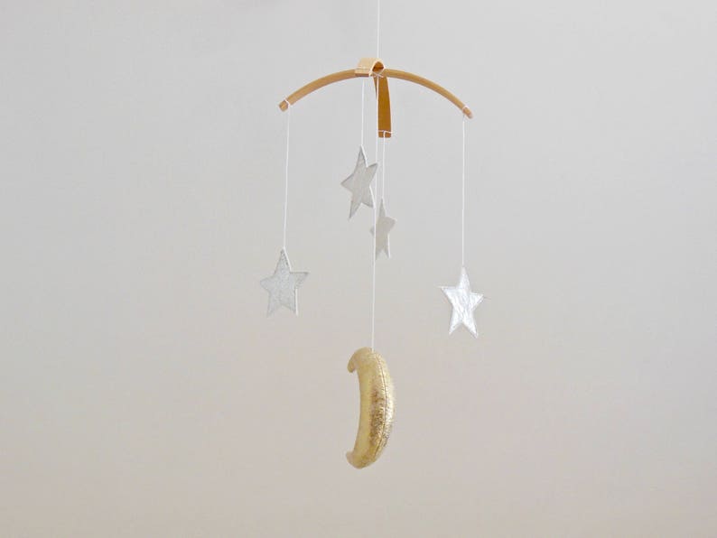 Golden Moon and Silver Star Baby Mobile, Gender Neutral Natural Fiber Astrological Nursery Decor image 6